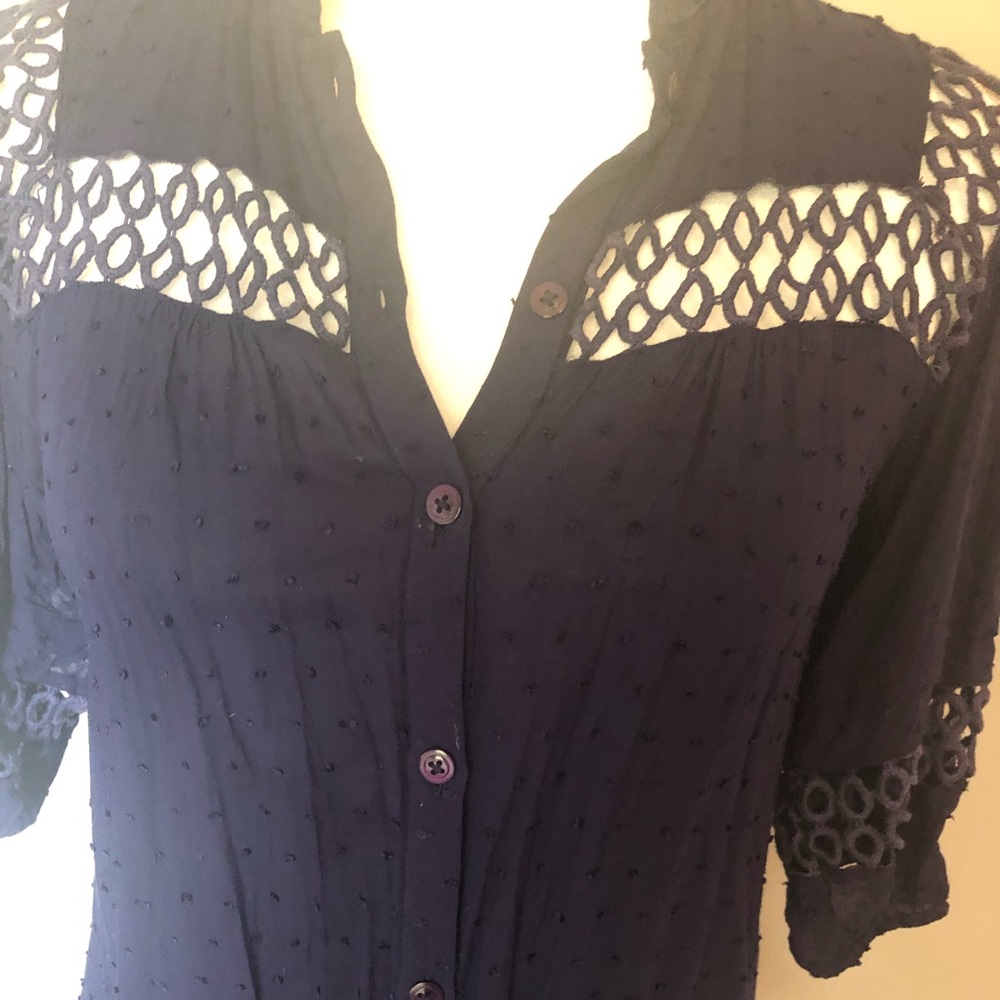 Anthropologie Navy blue blouse with cutout accents - Picture 2 of 15